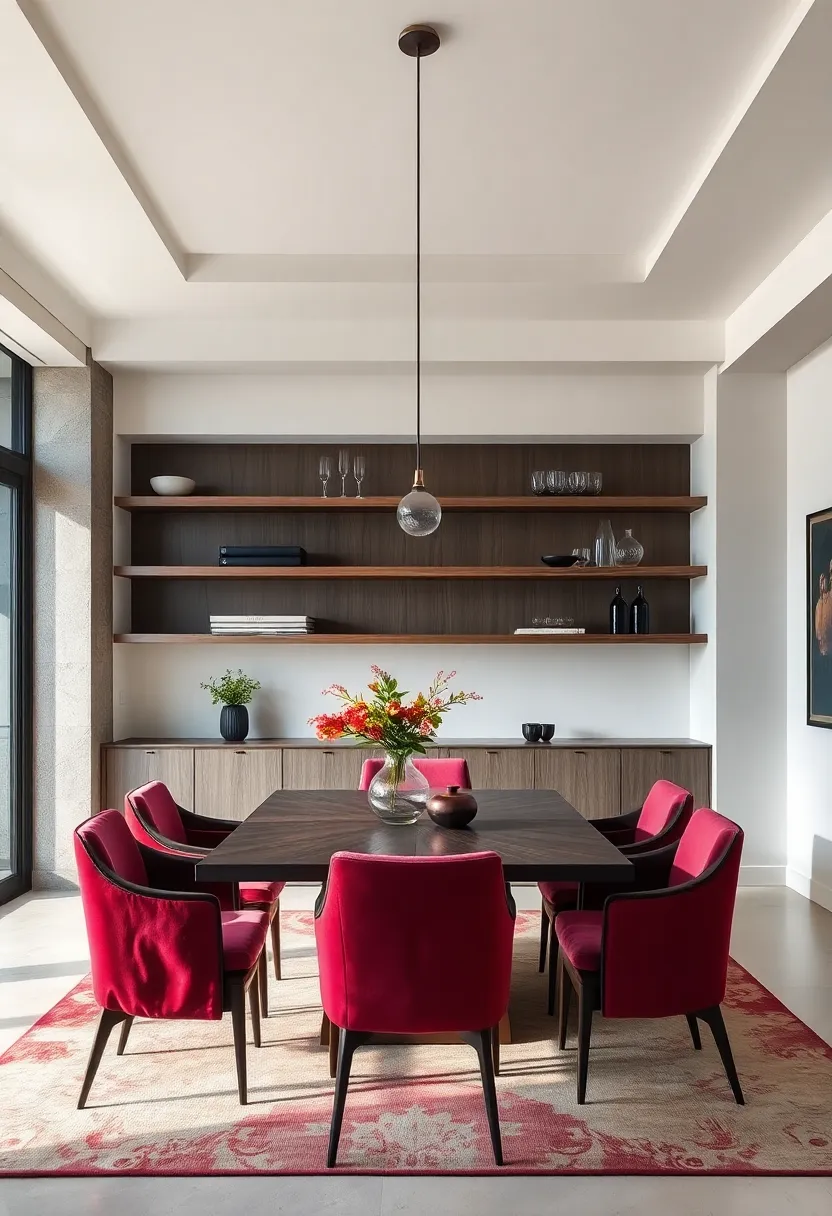 dark wood floating shelves paired with rich jewel-toned dining chairs, creating an atmosphere of elegance and depth