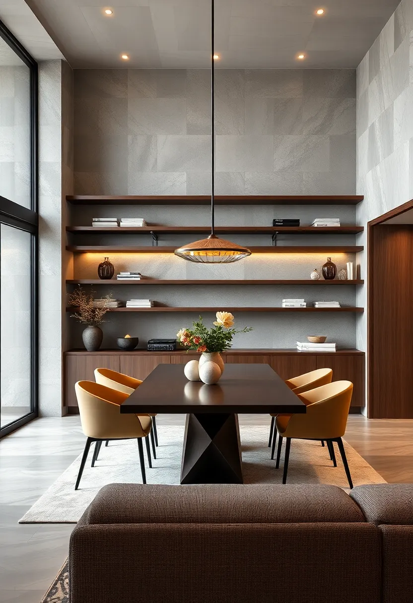 Mixing open floating shelves with closed cabinetry for a balanced blend of display and hidden storage in luxury dining rooms