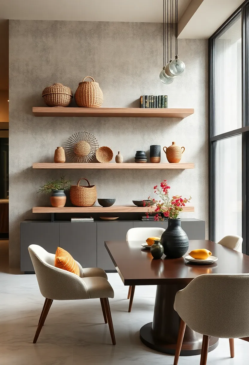 Floating shelves ‌styled with artisan woven baskets and textured ceramics for a sophisticated bohemian modern‌ dining experience