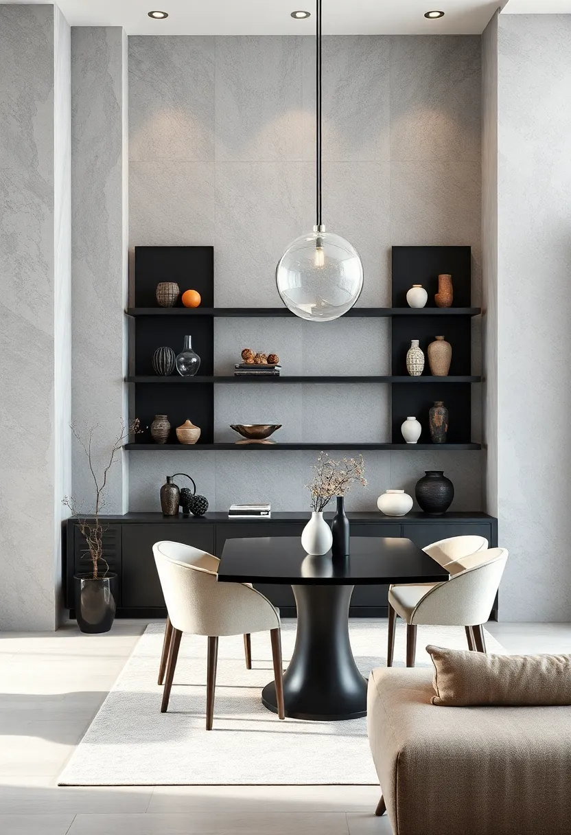 Matte ​black floating shelves creating a bold contrast against soft grey ⁤walls, showcasing sculptural decor pieces