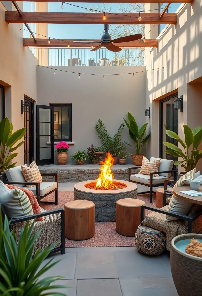 Include an outdoor fire pit ​surrounded​ by mismatched stools to encourage warmth and conversation
