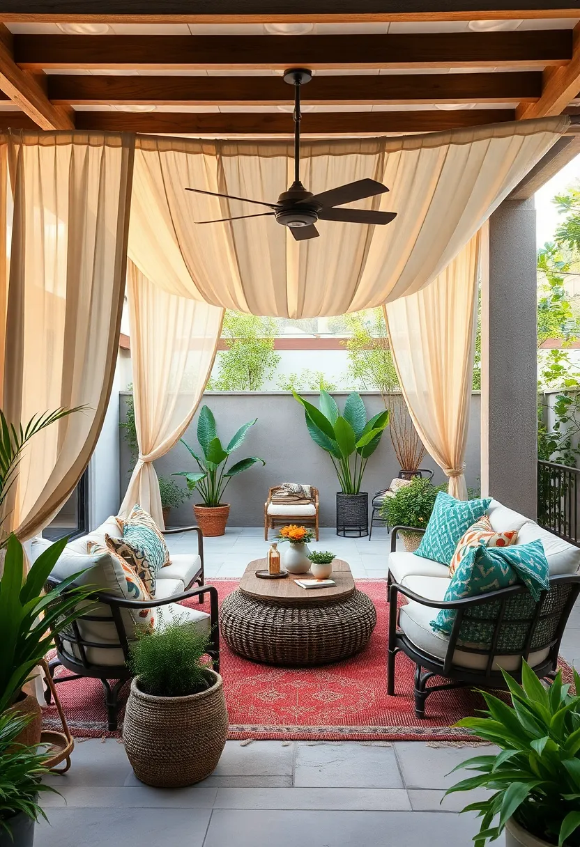 Introduce an outdoor curtain canopy to define lounging spaces with a​ breezy softness