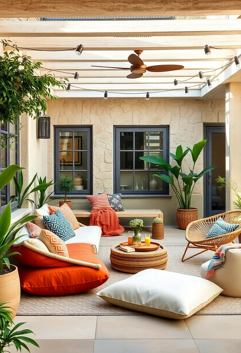 Layer seating with a mix of poufs,​ floor cushions, and‍ rattan chairs for a relaxed boho‍ vibe