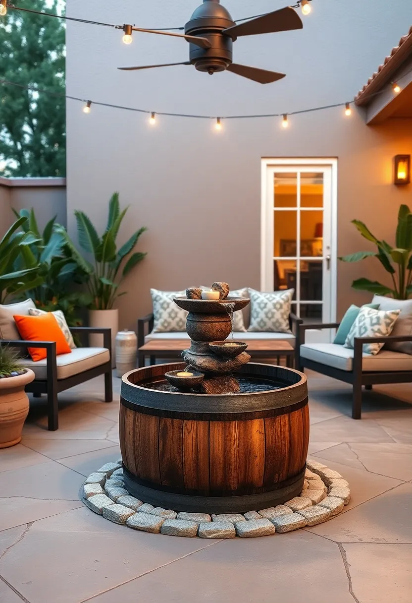 DIY Barrel Fountain – Get creative with a DIY barrel fountain using a repurposed wooden barrel and subtle LED lighting for nighttime appeal