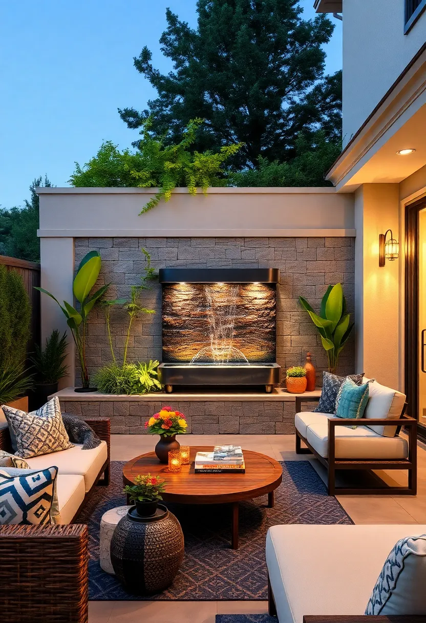 Floating Wall‍ Fountain with LED Lights – Install ⁢a floating‌ wall⁤ fountain accentuated by LED lights for magical evening effects