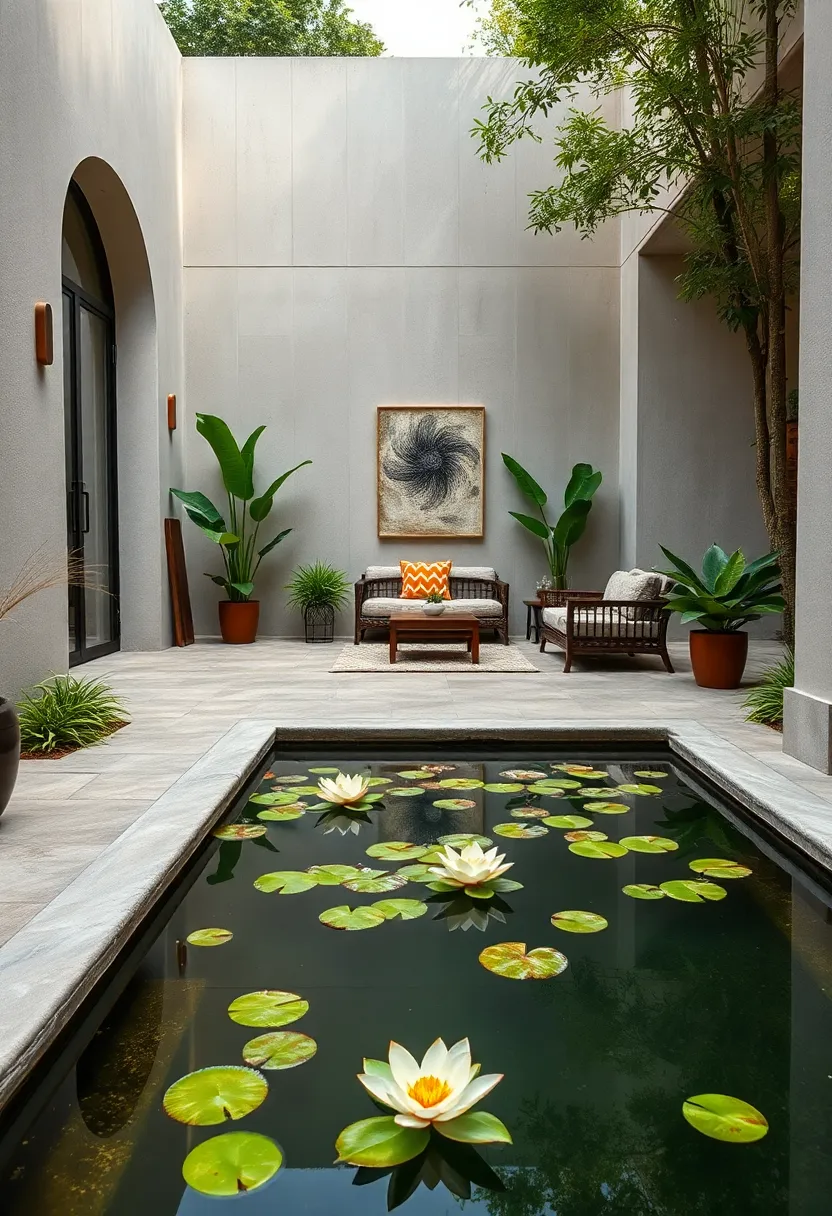 Reflecting Pool with Floating Plants – Create a serene corner by pairing a shallow reflecting pool with delicate floating water lilies or lotus