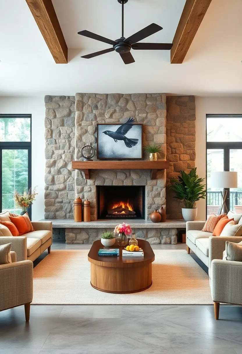 Choose a​ warm, earthy ⁢color palette to complement the natural⁣ tones of the stone fireplace