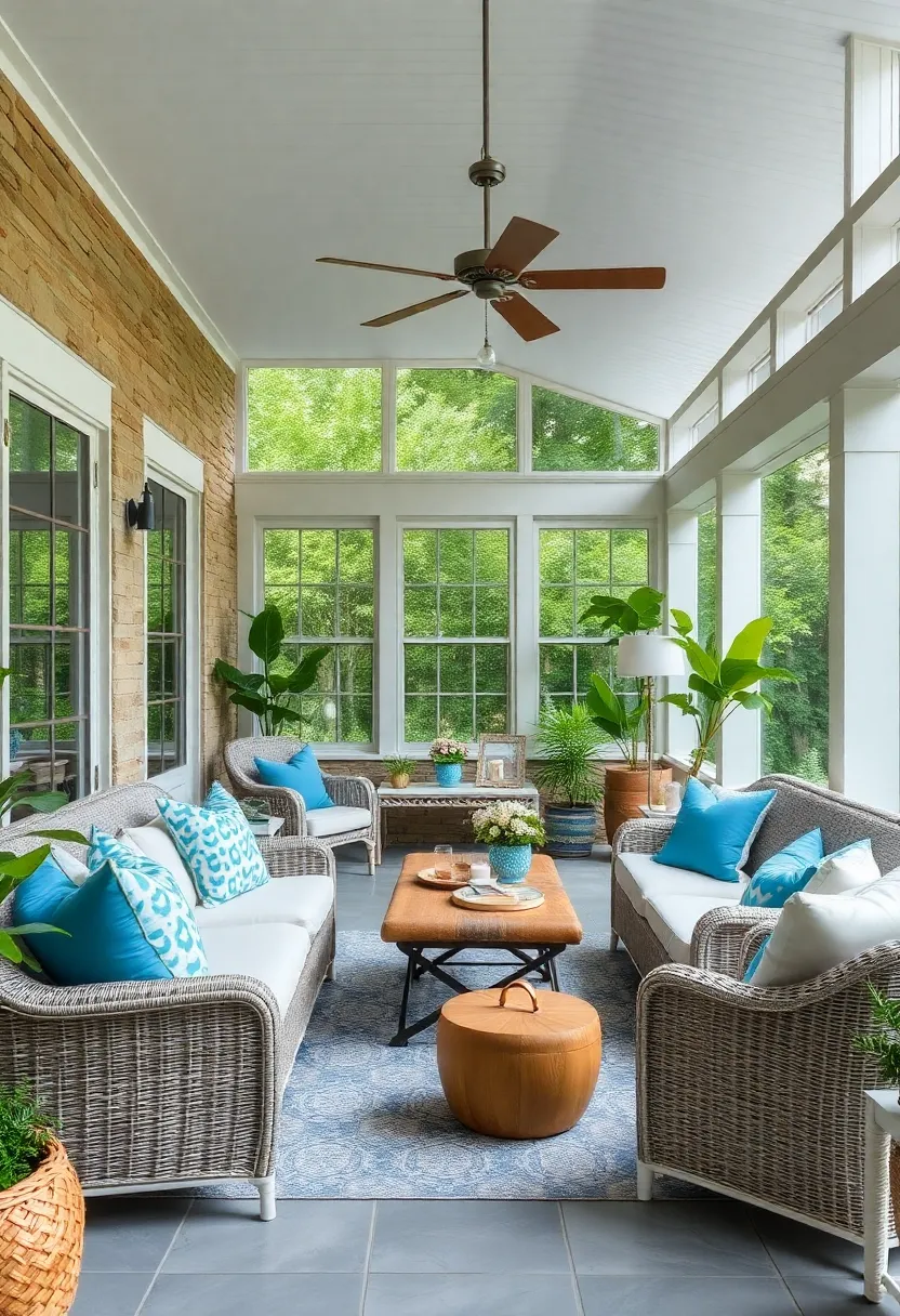 Serene Coastal Charm: A screened porch adorned ‍with light wicker furniture, soft blue cushions, and sea-inspired decor creates ​a tranquil⁣ space perfect for unwinding
