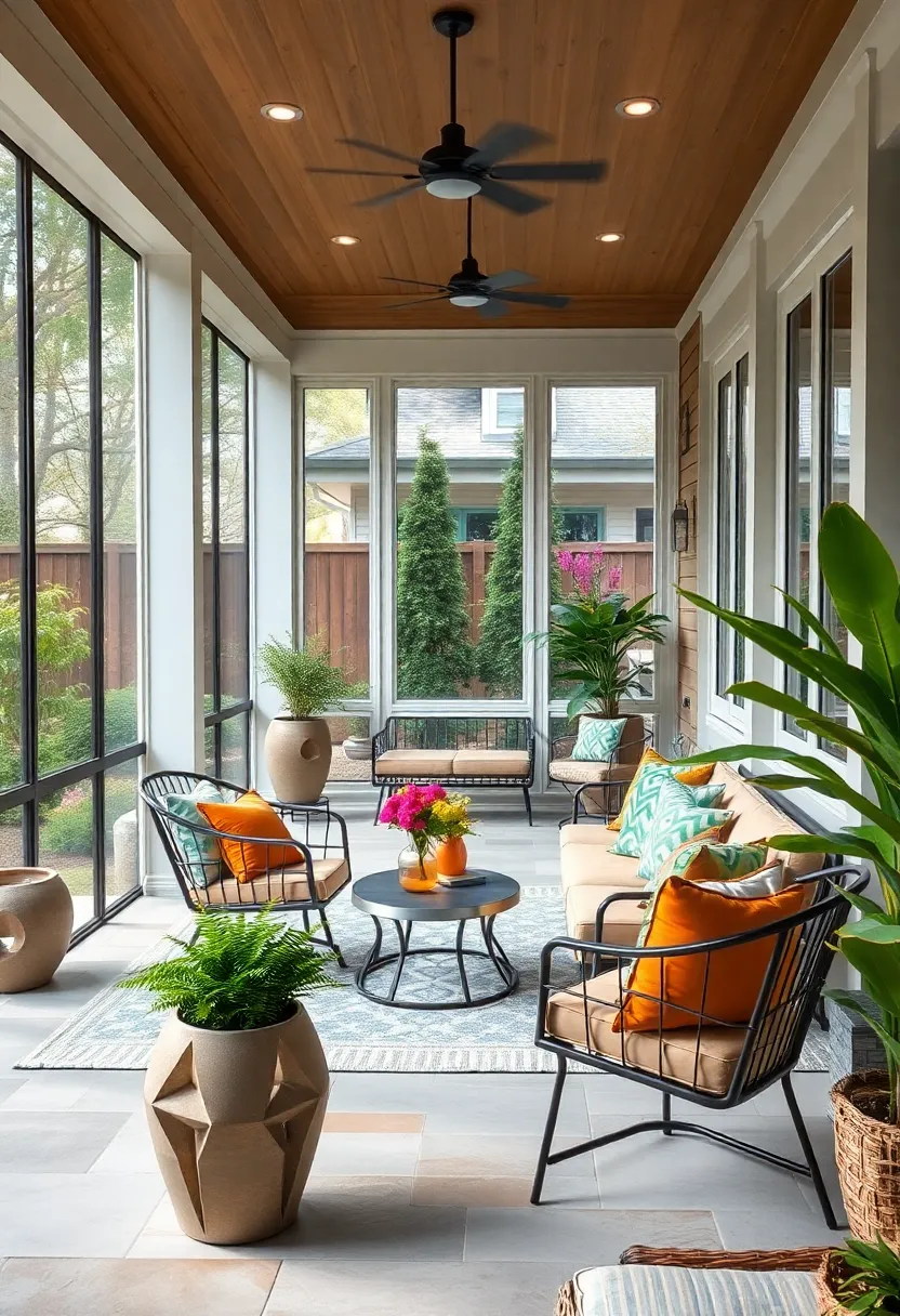 Contemporary Garden Lounge: Sleek metal chairs with colorful⁢ cushions set amidst sculptural ⁢planters create a harmonious blend of modernity ⁣and nature