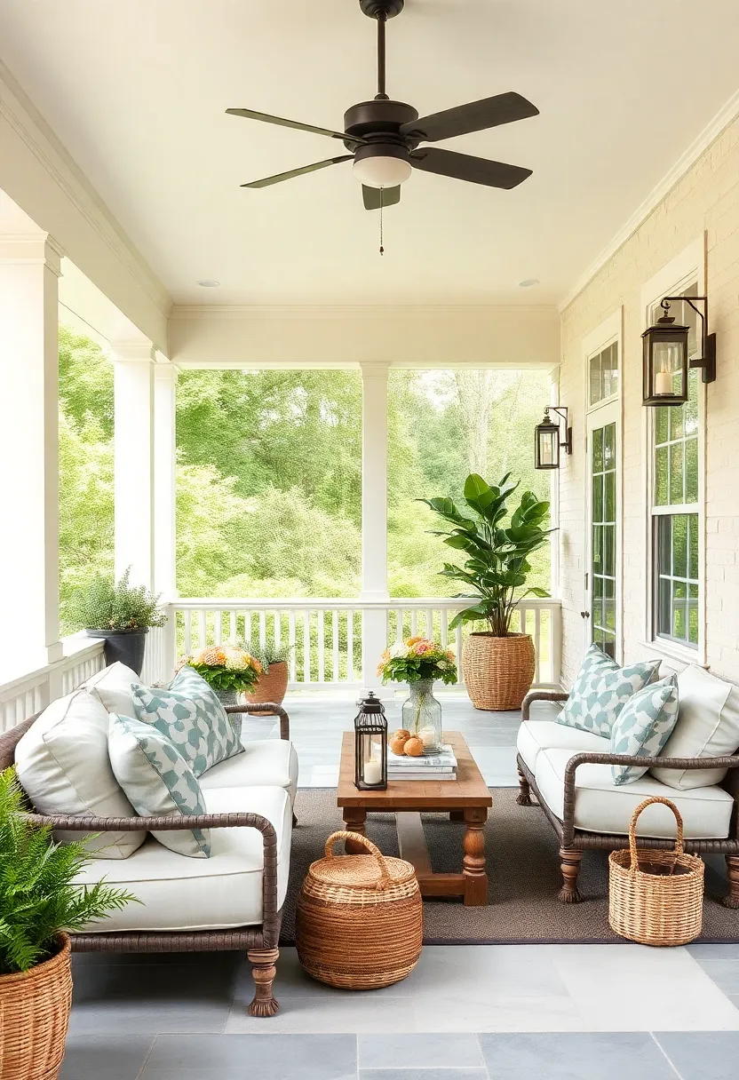 Farmhouse Fresh Comfort: Soft‌ linen sofas, vintage ‌lanterns, and woven baskets infuse‍ this porch with warmth and ⁣a welcoming countryside vibe