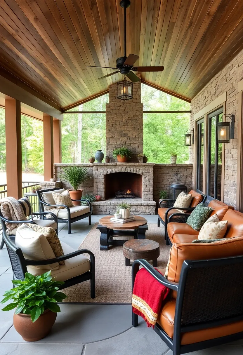 Rustic elegance‌ Retreat: Combining weathered ‍wood accents with⁤ plush leather seating and warm throw blankets, this porch invites cozy evenings ‌by a⁢ stone⁢ fireplace