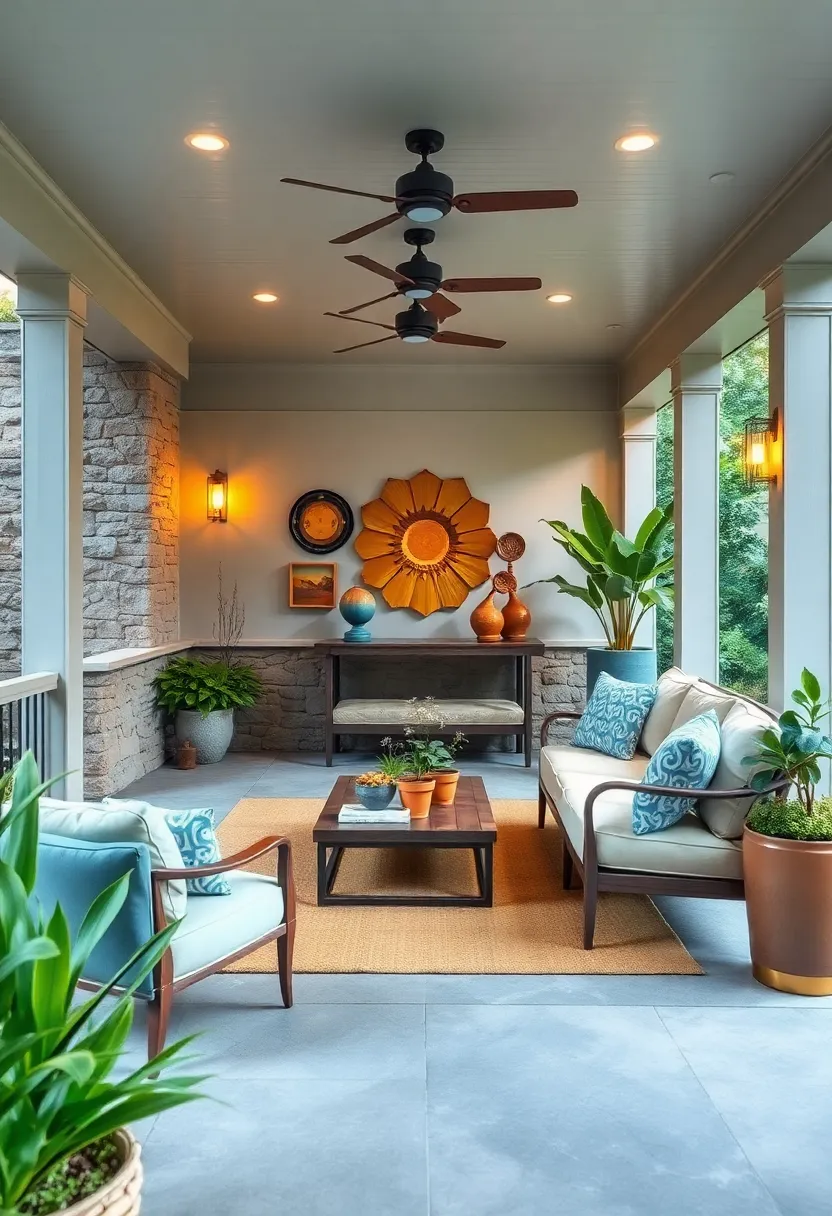 Artistic Expression Space: Vibrant ⁢wall art, unique sculptures, and eclectic furniture pieces ‍make this porch a creative‌ haven ‍for inspiration ⁣and leisure