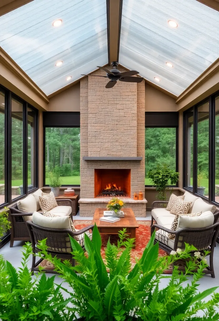 Cozy Fireplace Corner: A compact screened porch centered around a built-in fireplace offers a snug spot ⁣to⁤ curl up with​ a book or⁤ a warm​ drink