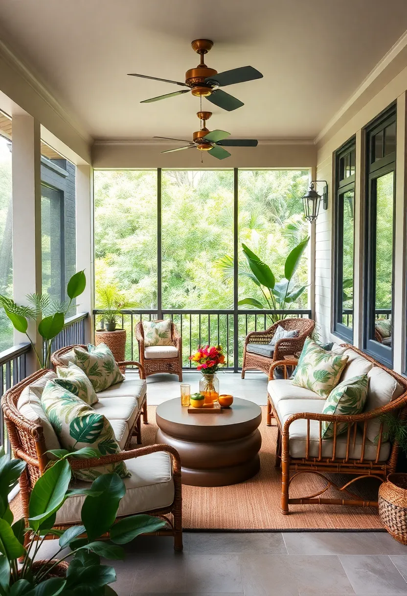 Tropical Paradise Lounge: Palm-print pillows, bamboo‌ furniture, and bright accents⁢ transform this porch into an exotic retreat from everyday stress