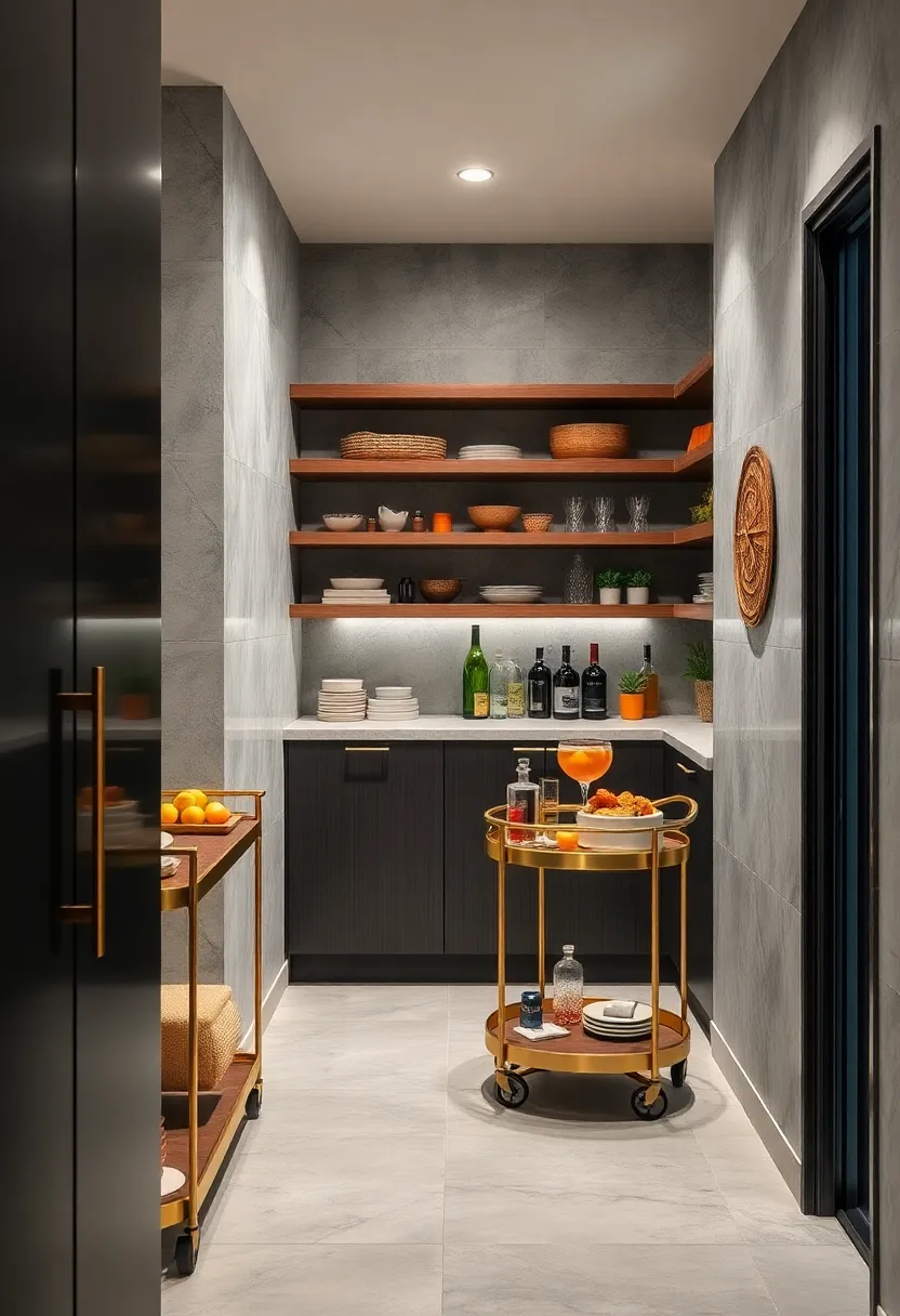 Mini bar carts ‌doubling as snack and beverage stations within the pantry