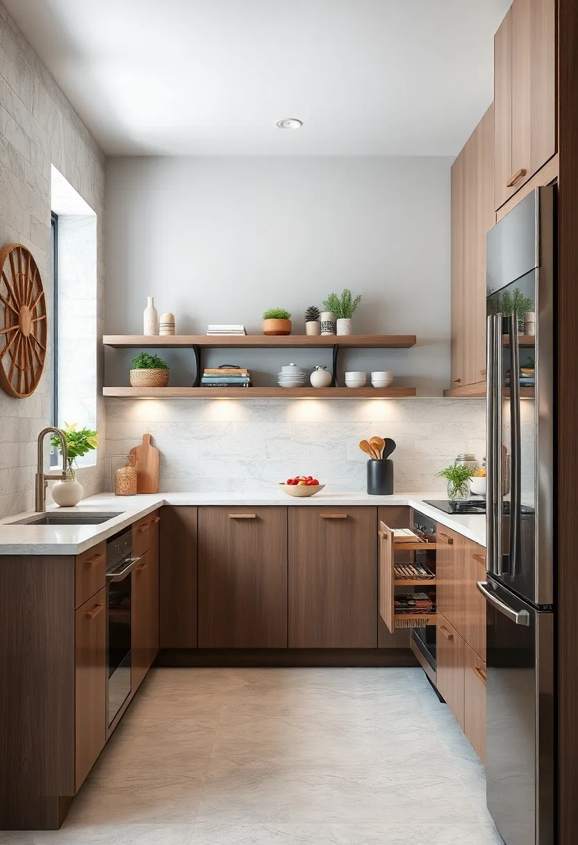 Slim pull-out ⁣baskets tucked between appliances for storing wraps and foil