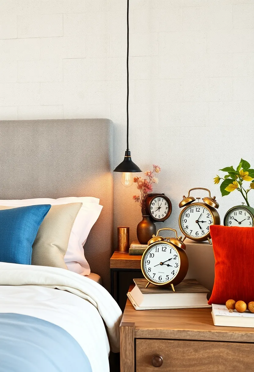 Display a collection of old-fashioned alarm clocks on your bedside table for character