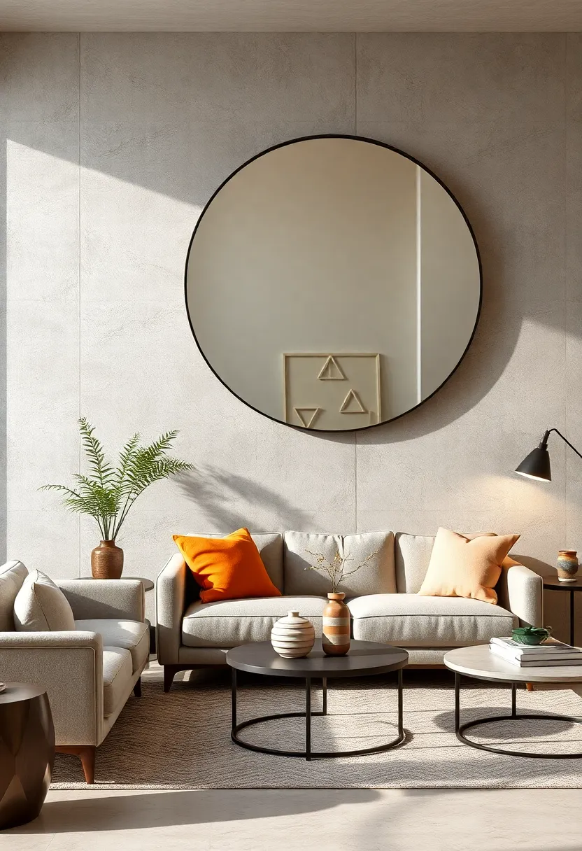 Oversized Round Mirror: A large,frameless mirror expands ‌light and space while doubling as art