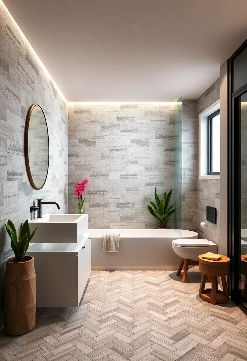 Textured Concrete-Look Tiles with Herringbone Layout