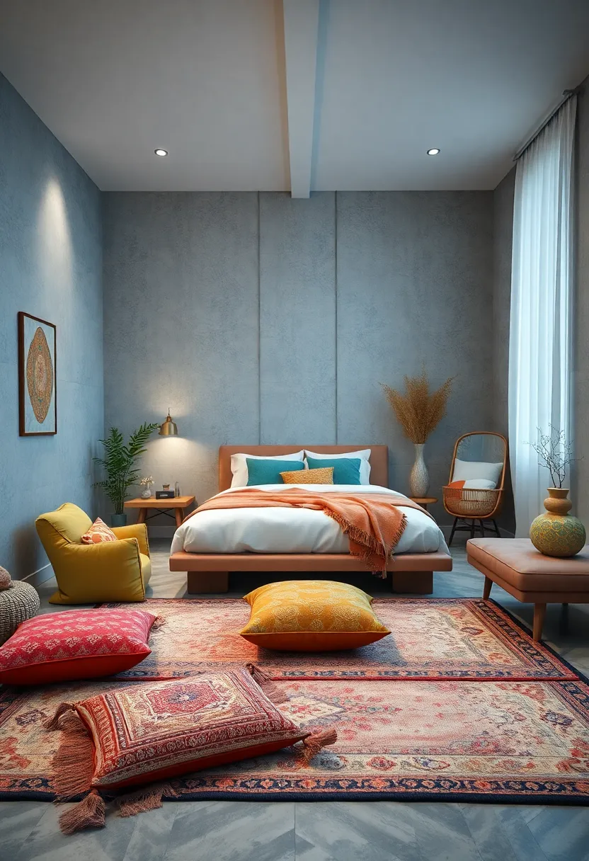 Floor ⁣Cushions with​ Layered Rugs