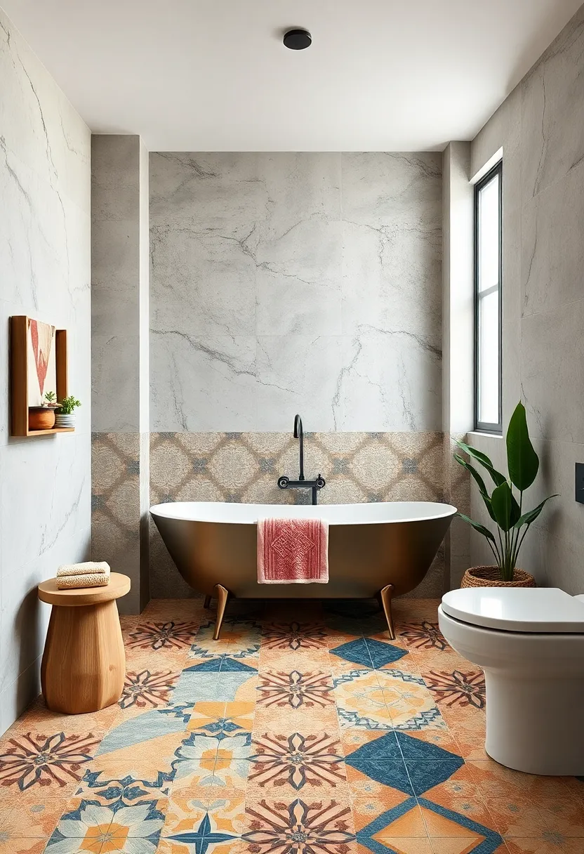Mix and match colorful geometric tiles to create a playful and dynamic bathroom floor