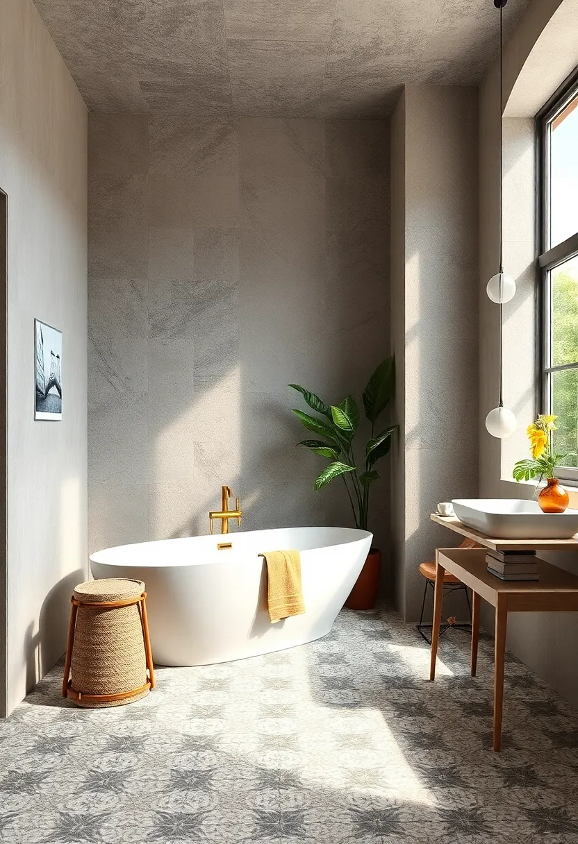 Use patterned tiles as a base for a freestanding tub or pedestal sink area to anchor the room