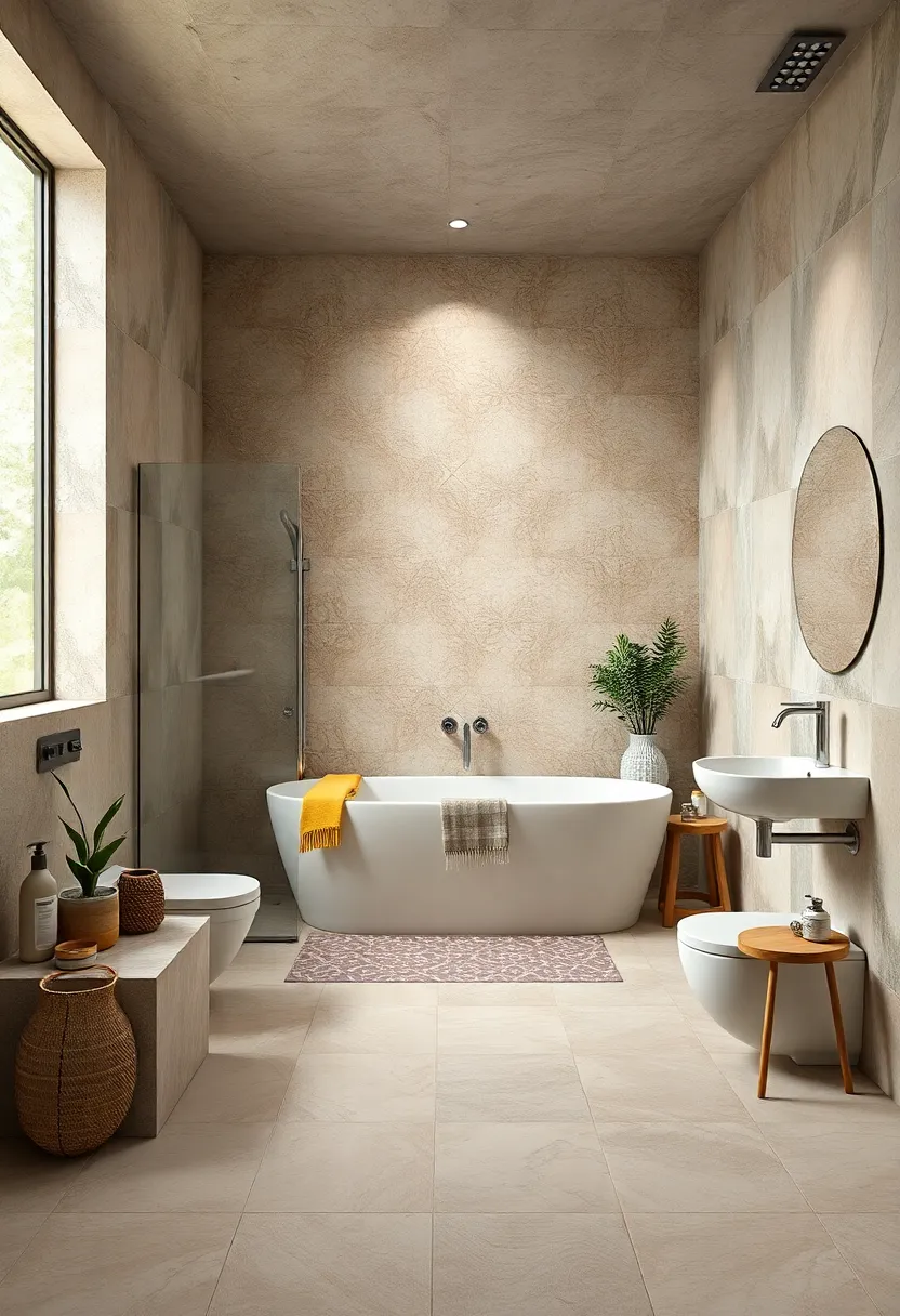 Combine patterned tiles with natural materials like wood or stone for contrast