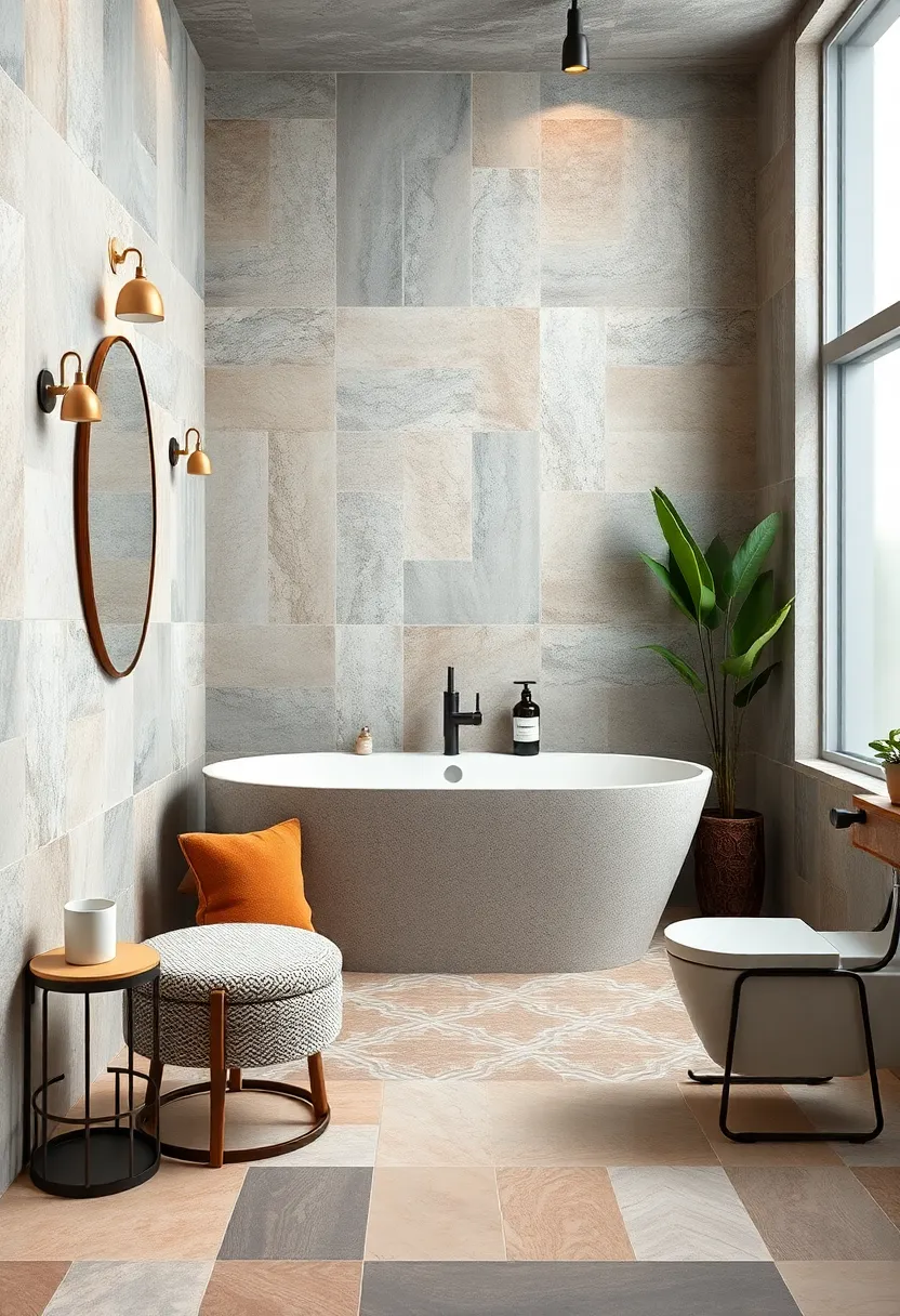 Incorporate a mix of matte and shiny patterned tiles for varied texture and depth