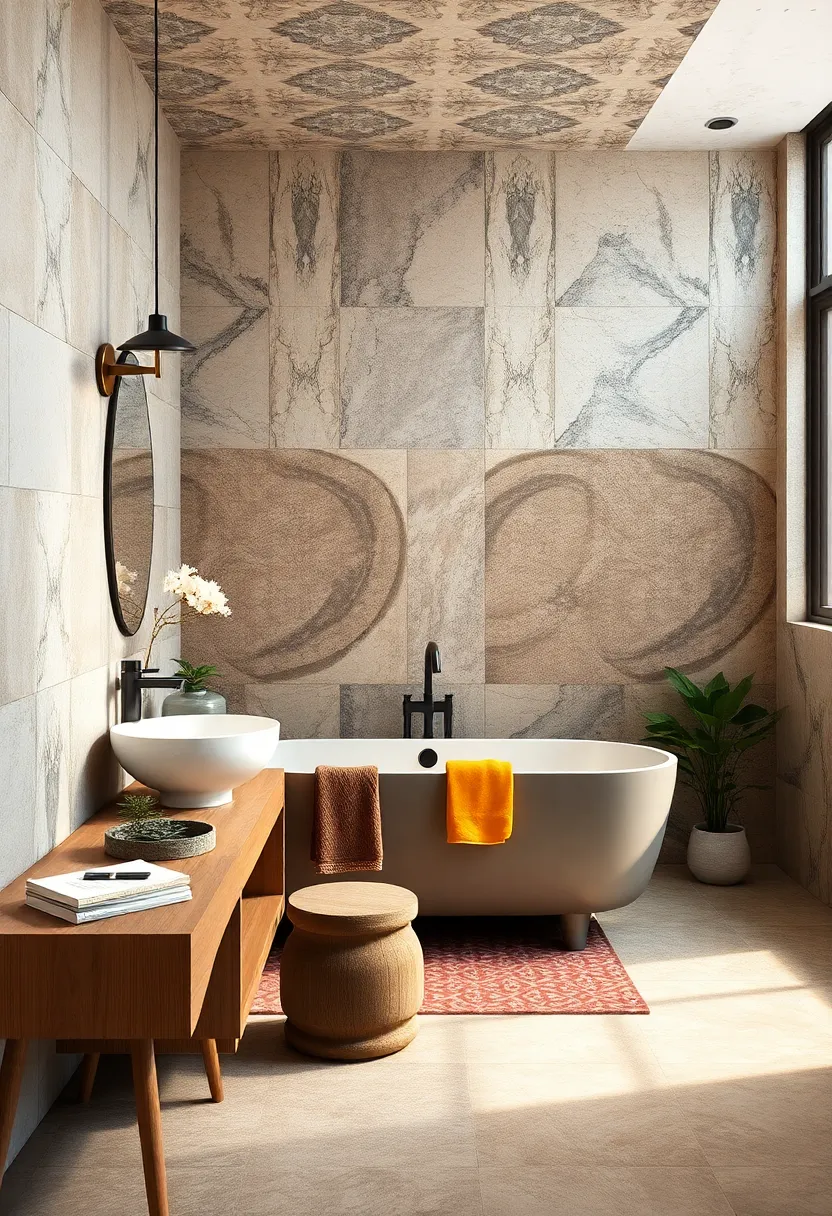 Integrate metallic or gloss-finish patterned tiles for a modern edge