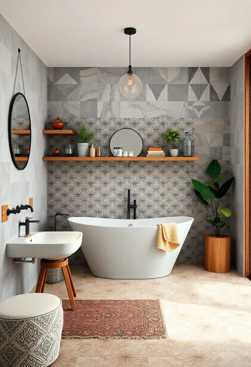 Use patterned tiles as a backdrop for open shelving to highlight decor items