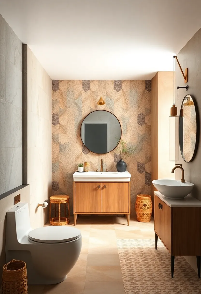 Pitch bold tiles in smaller areas like under the vanity or on door panels