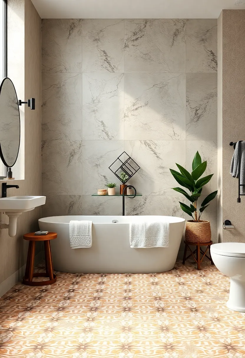 Pair patterned floor tiles with neutral wall colors to keep balance and harmony