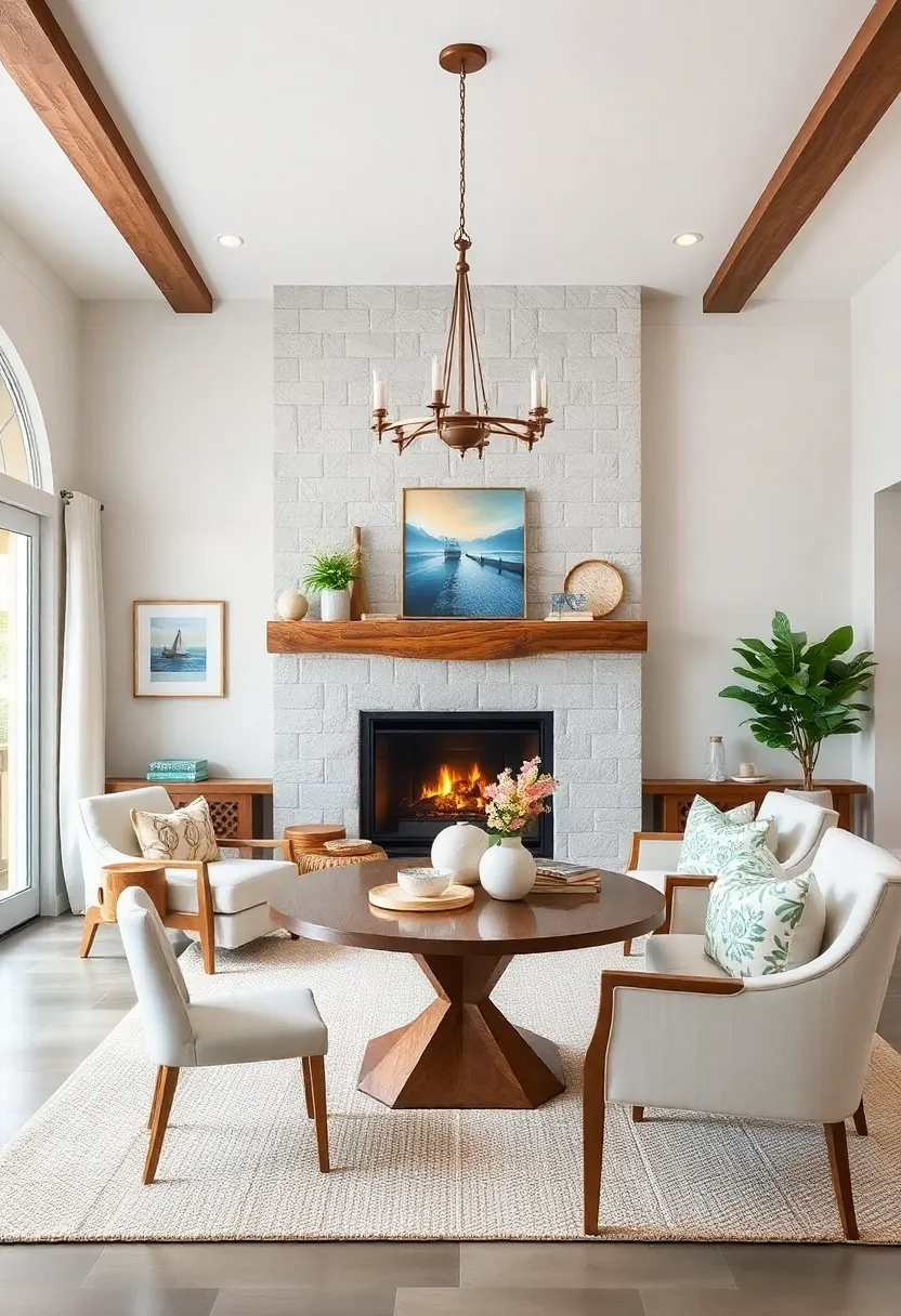 Coastal Calm: Light blues and whites paired with a driftwood mantel evoke ⁢seaside serenity