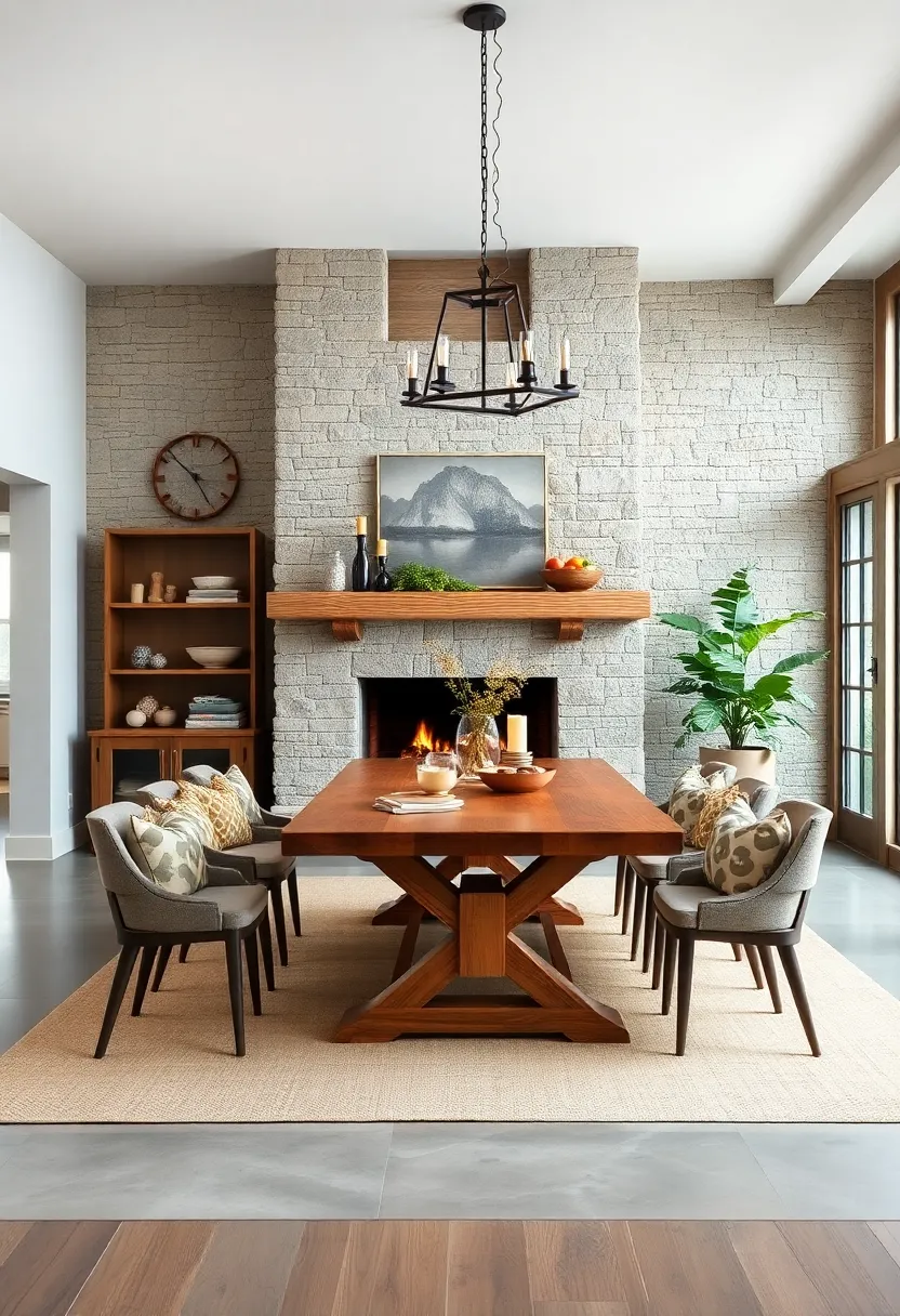 Farmhouse ‌Comfort: ⁤A large farmhouse table set near a ⁢rustic stone fireplace embodies down-to-earth warmth