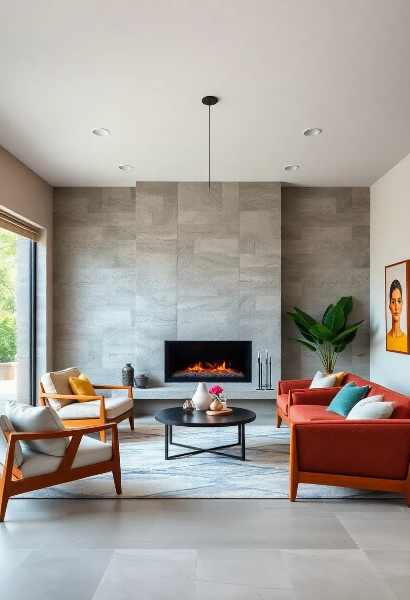 Mid-Century Modern: A sleek, low-profile fireplace combined with teak furniture invites retro sophistication