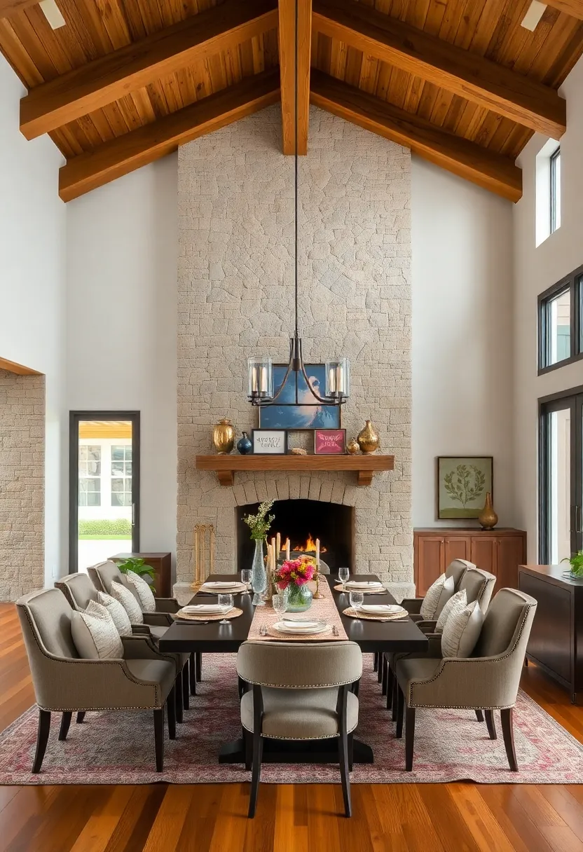 Rustic Charm: A timber-beamed ceiling pairs beautifully‌ with a stone fireplace, creating a cozy and⁣ inviting dining atmosphere