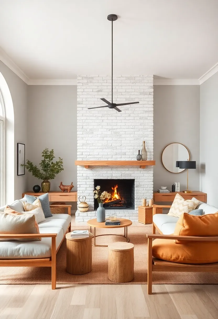 scandinavian Simplicity: Light wood furniture combined with a whitewashed brick fireplace brings airy warmth⁣ to the space