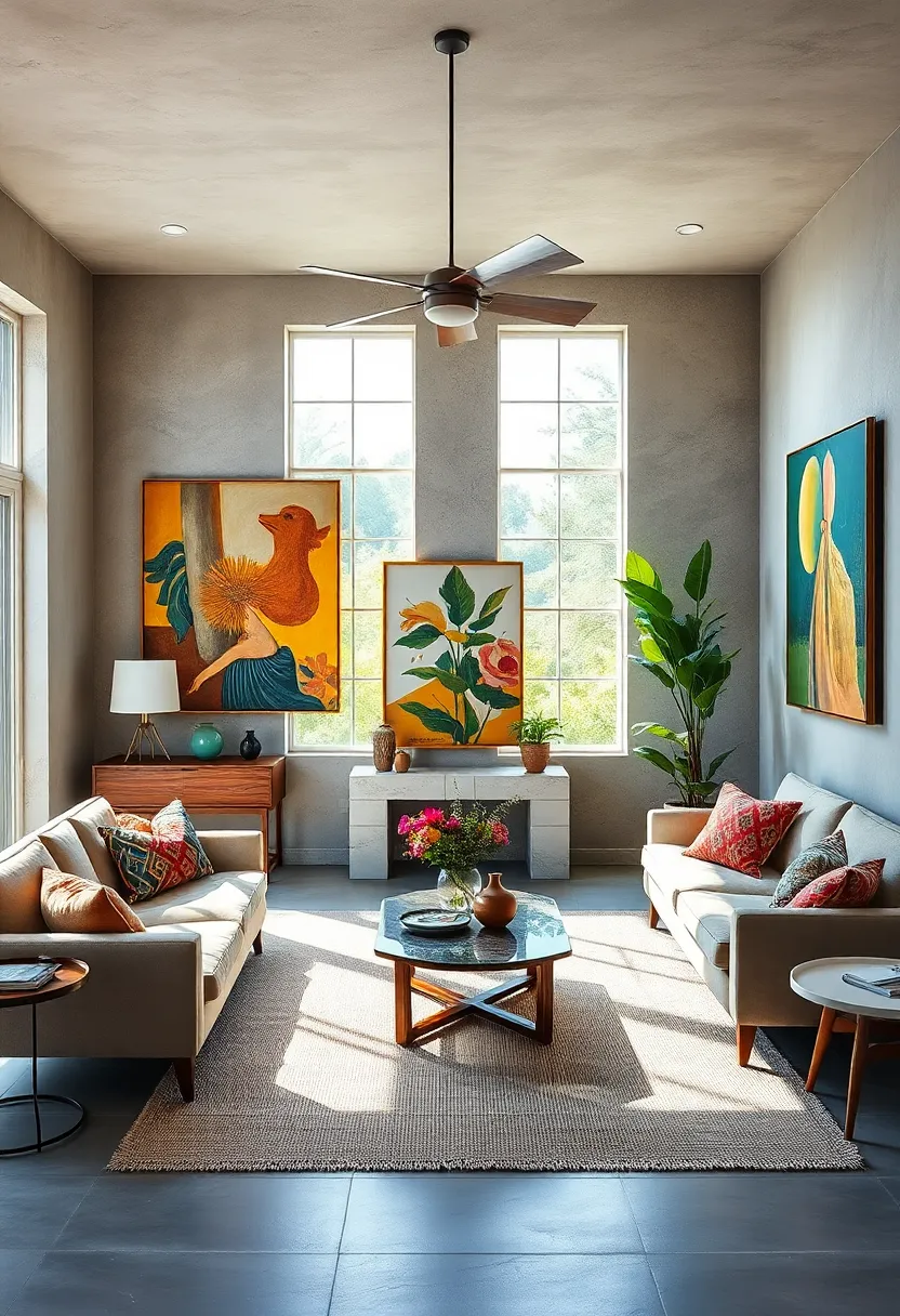 A sunlit ‍living room with mid-century modern ​furniture⁢ paired with ​oversized vintage oil paintings that bring​ warmth and character to⁣ the space