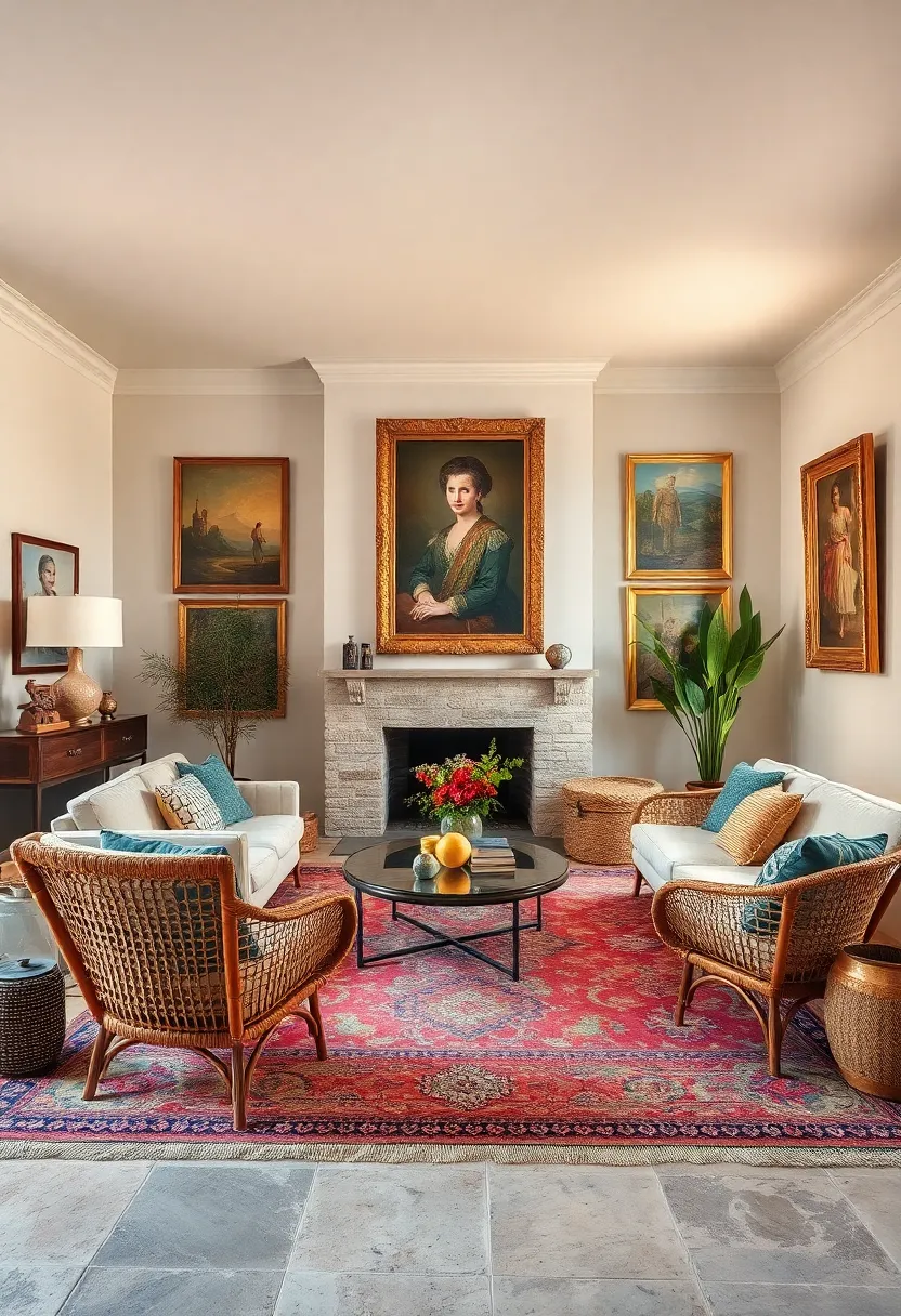 An ‌eclectic ⁣mix of bohemian ⁣rugs ⁣and rattan chairs ‍anchored by⁤ a classic portrait ⁤from the 19th century, adding timeless elegance