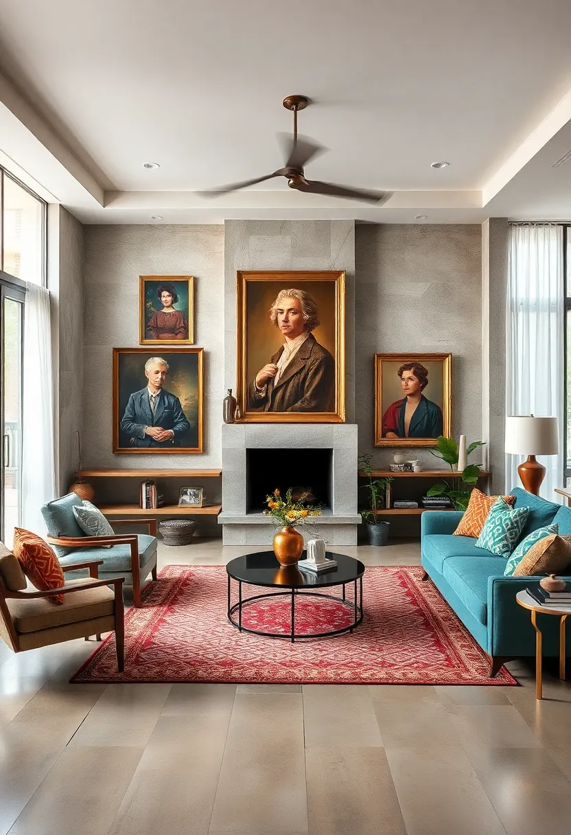 A mid-century modern‌ living⁤ room where clean ‌silhouettes meet‌ statement⁢ vintage portraiture,⁤ creating ⁣a⁣ timeless ​tableau