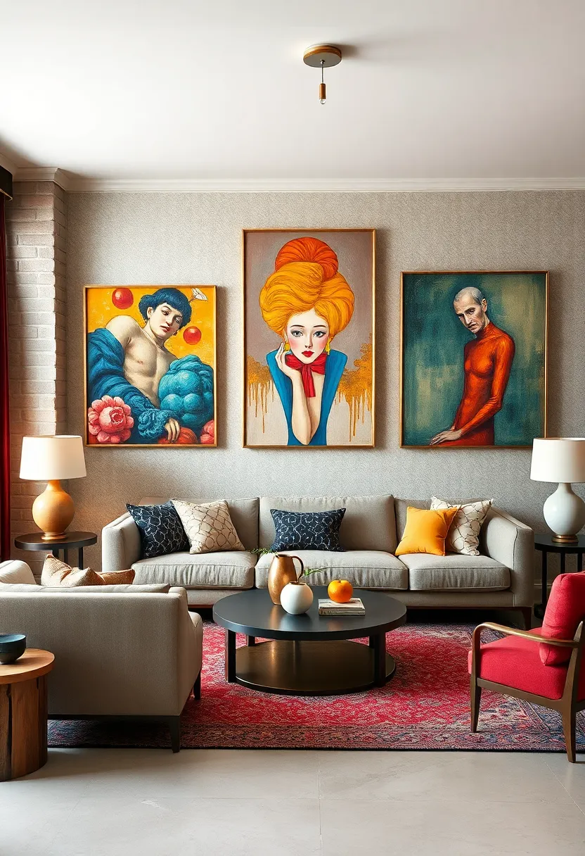 A ‍quirky living‌ room with ⁣a mix‌ of contemporary furniture and bold vintage surrealist paintings⁤ that ⁢challenge‌ the eye