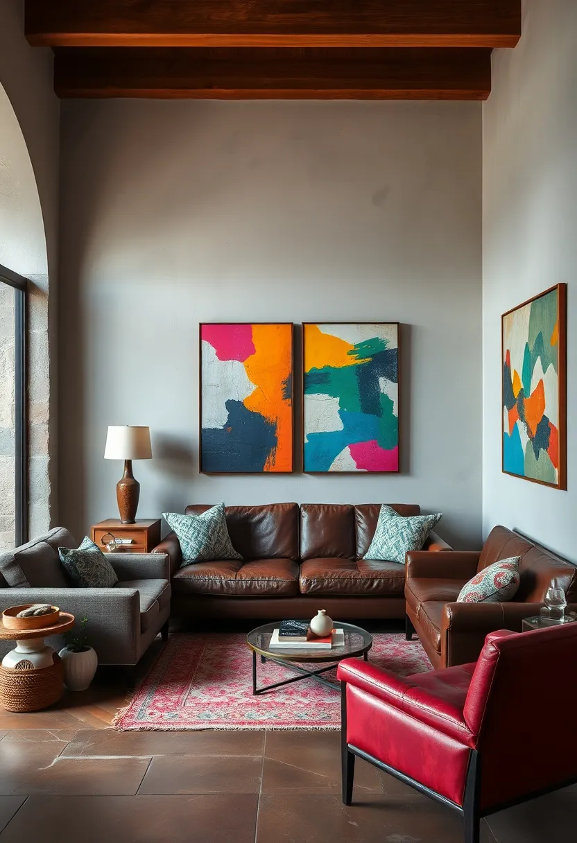 A ‌cozy nook featuring a ‌distressed leather sofa contrasted by⁣ vibrant abstract ⁣vintage art,​ creating a playful ⁤yet sophisticated atmosphere
