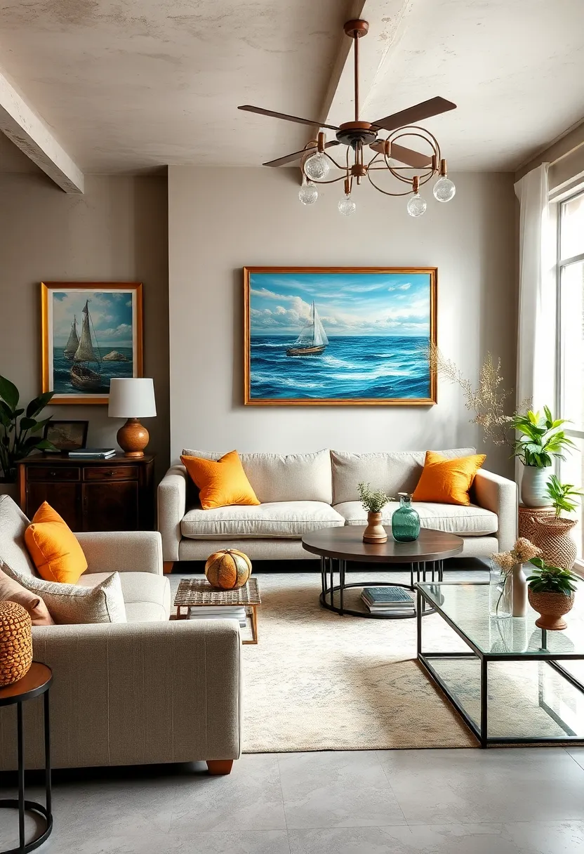 A bright, airy ⁢lounge featuring eclectic antiques and a vintage seascape that adds serenity and ⁢depth