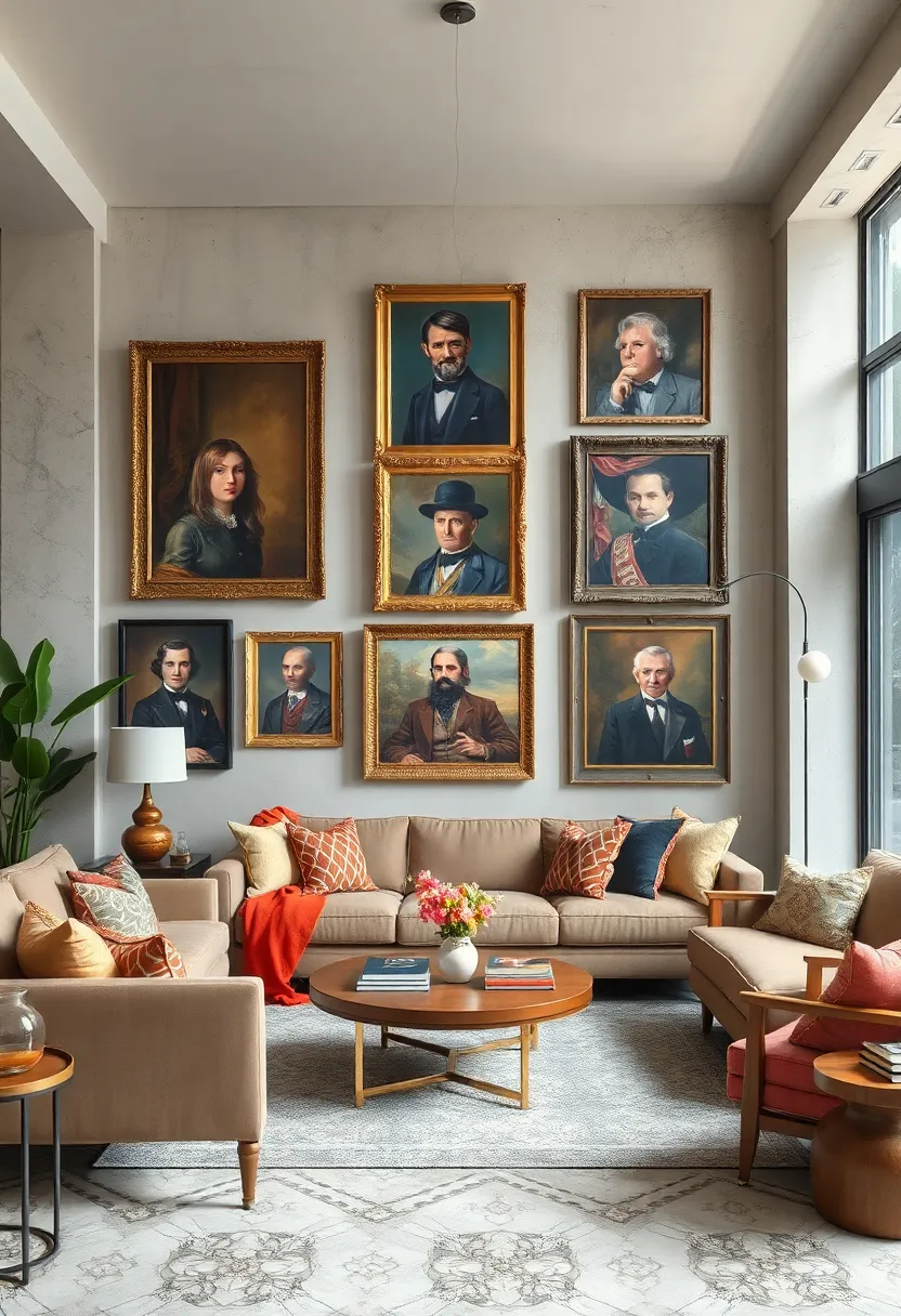 A vibrant, eclectic living ⁤area featuring an array of vintage ‍portrait‌ paintings that infuse personality and historical depth