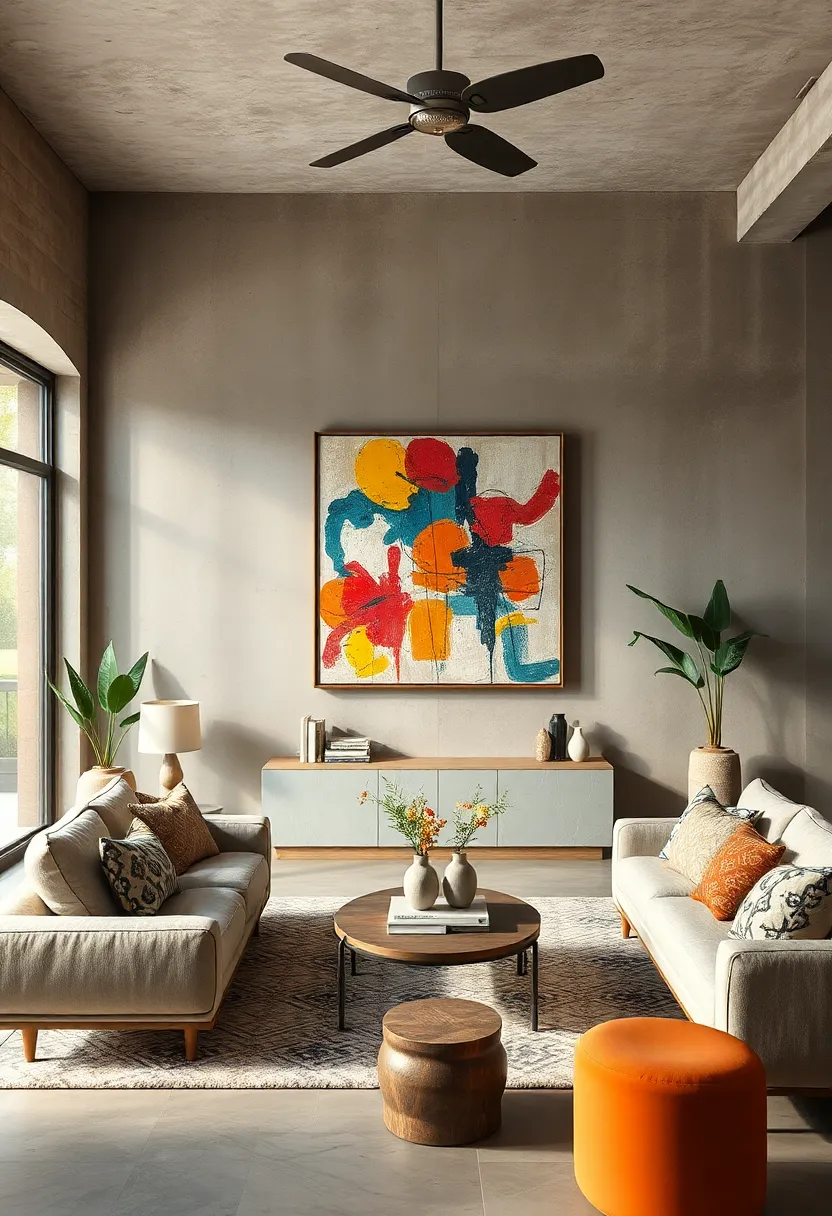 An earthy-toned ‍living ‌space enhanced by a vintage abstract expressionist painting,​ delivering dynamic energy