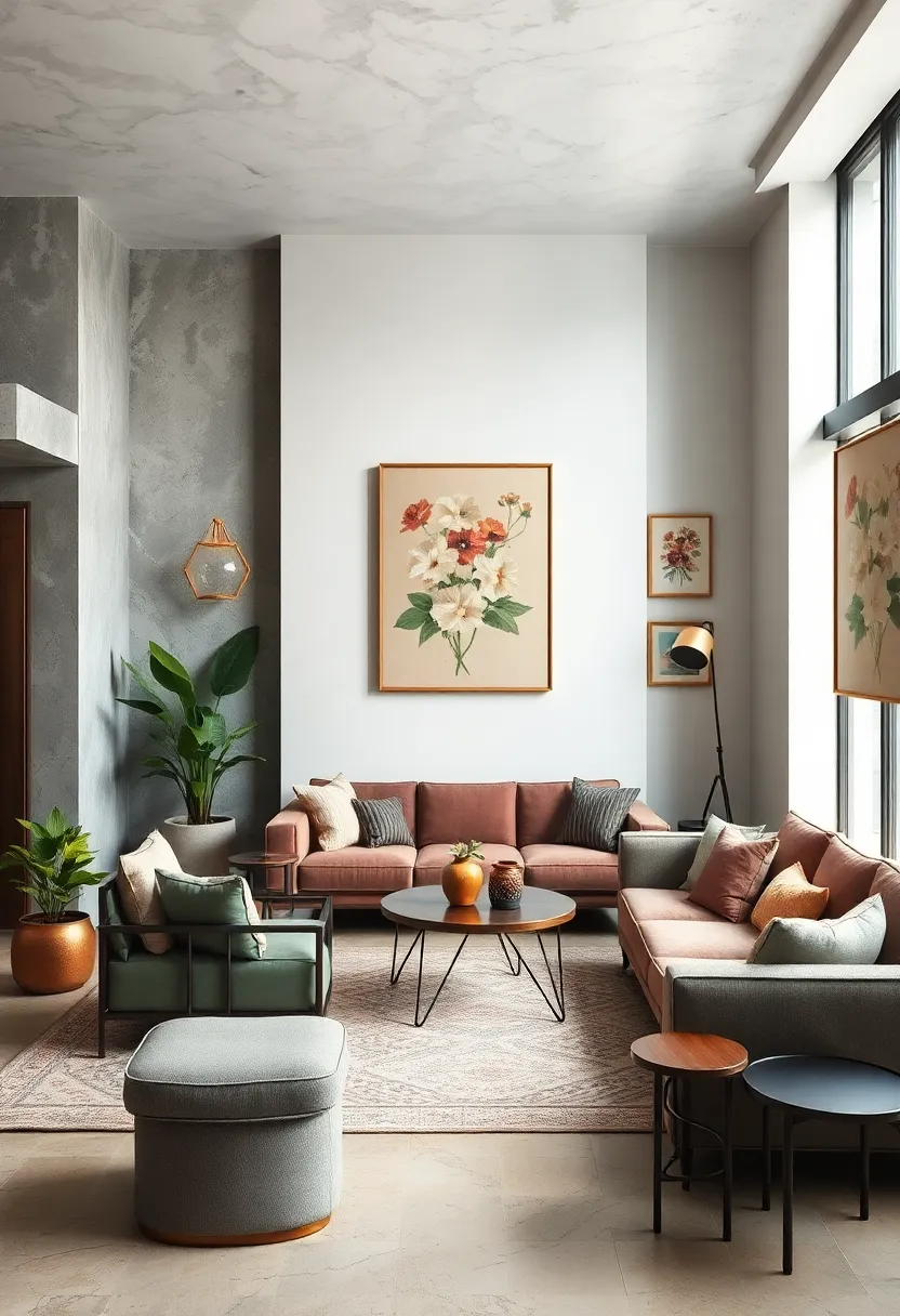 A chic ⁤urban retreat featuring sleek​ furniture juxtaposed with delicate ​vintage floral paintings​ for balanced contrast