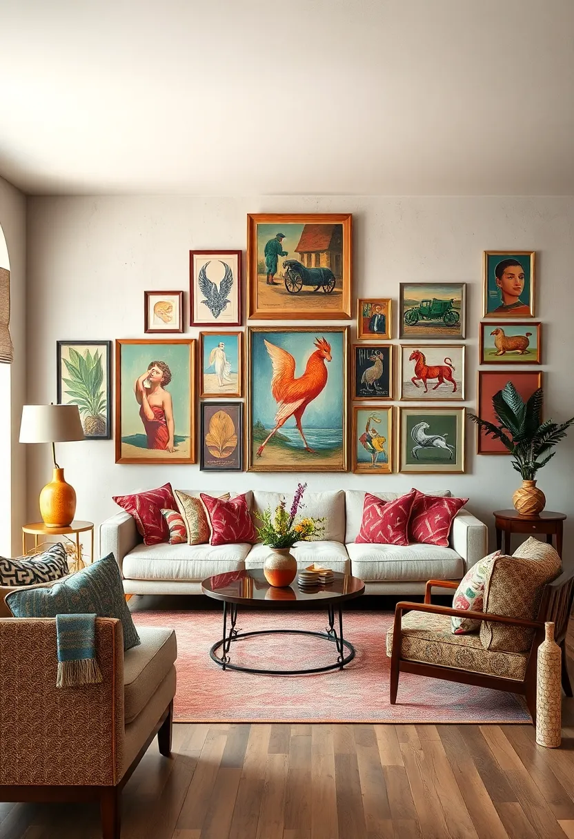 A ‍colorful living room ​accented with⁤ retro-patterned cushions and a gallery wall of varied vintage ​prints that spark curiosity