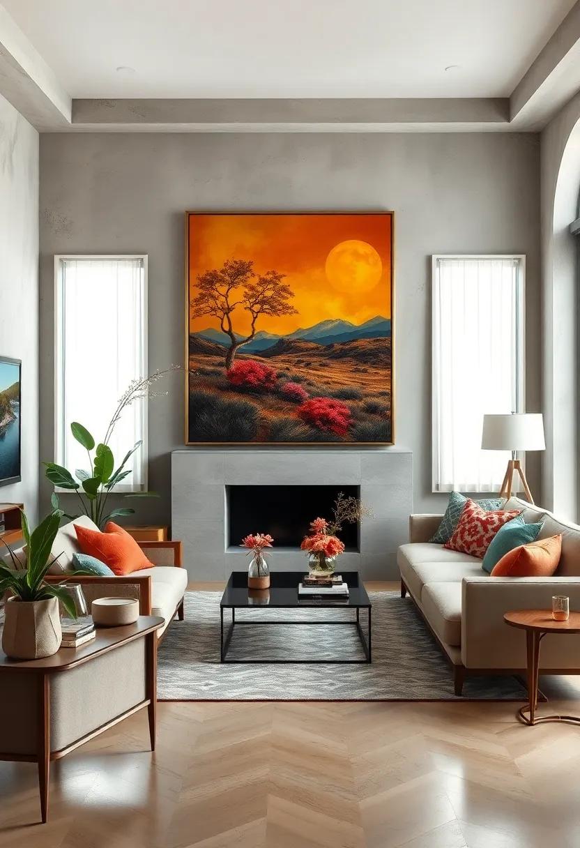 A minimalist⁣ room with clean lines energized by a striking vintage landscape ⁣painting in bold, earthy tones