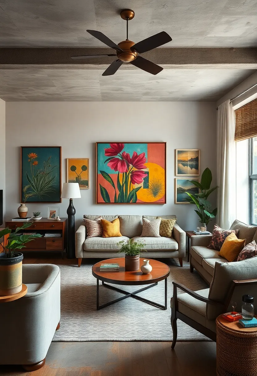 An‍ artist’s⁢ haven ‍showcasing ‍vibrant‍ mid-century paintings woven seamlessly into⁤ a curated collection of​ eclectic furnishings