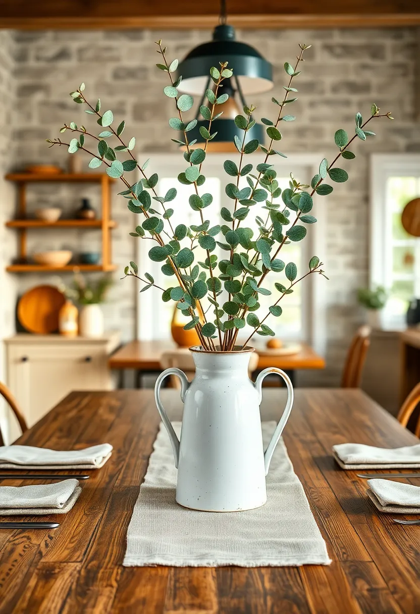 Antique enamel pitcher brimming with eucalyptus branches for an airy greenery display